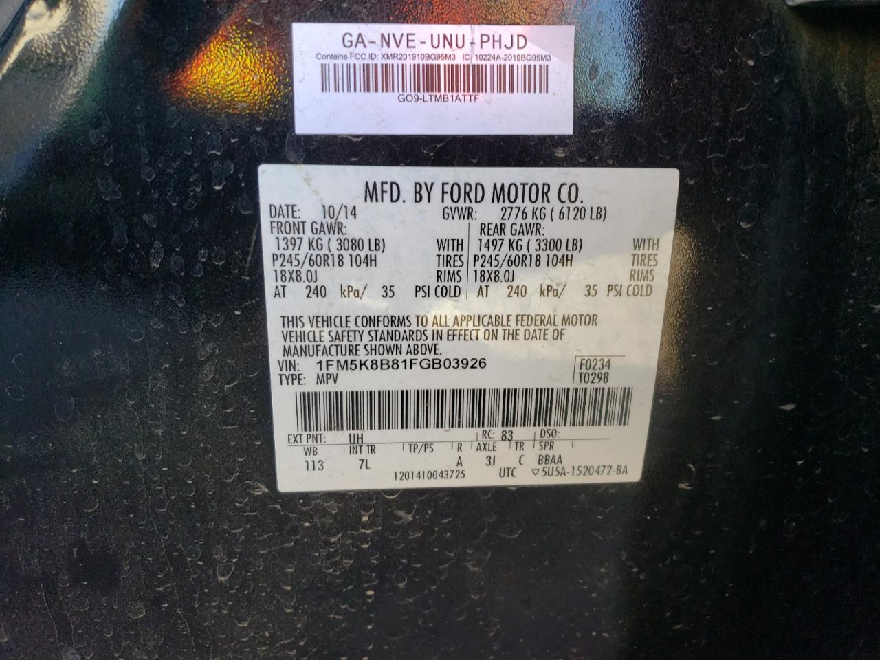 2015 Ford Explorer VIN 1FM5K8B81FGB03926 Copart auction photo, front end / side damage thumbnail 13