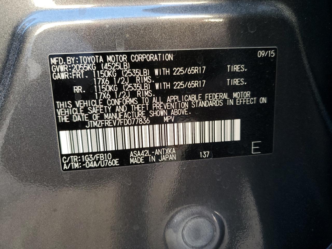 2015 Toyota RAV 4 VIN JTMZFREV7FD077836 Copart auction photo, side / rear end damage thumbnail 15