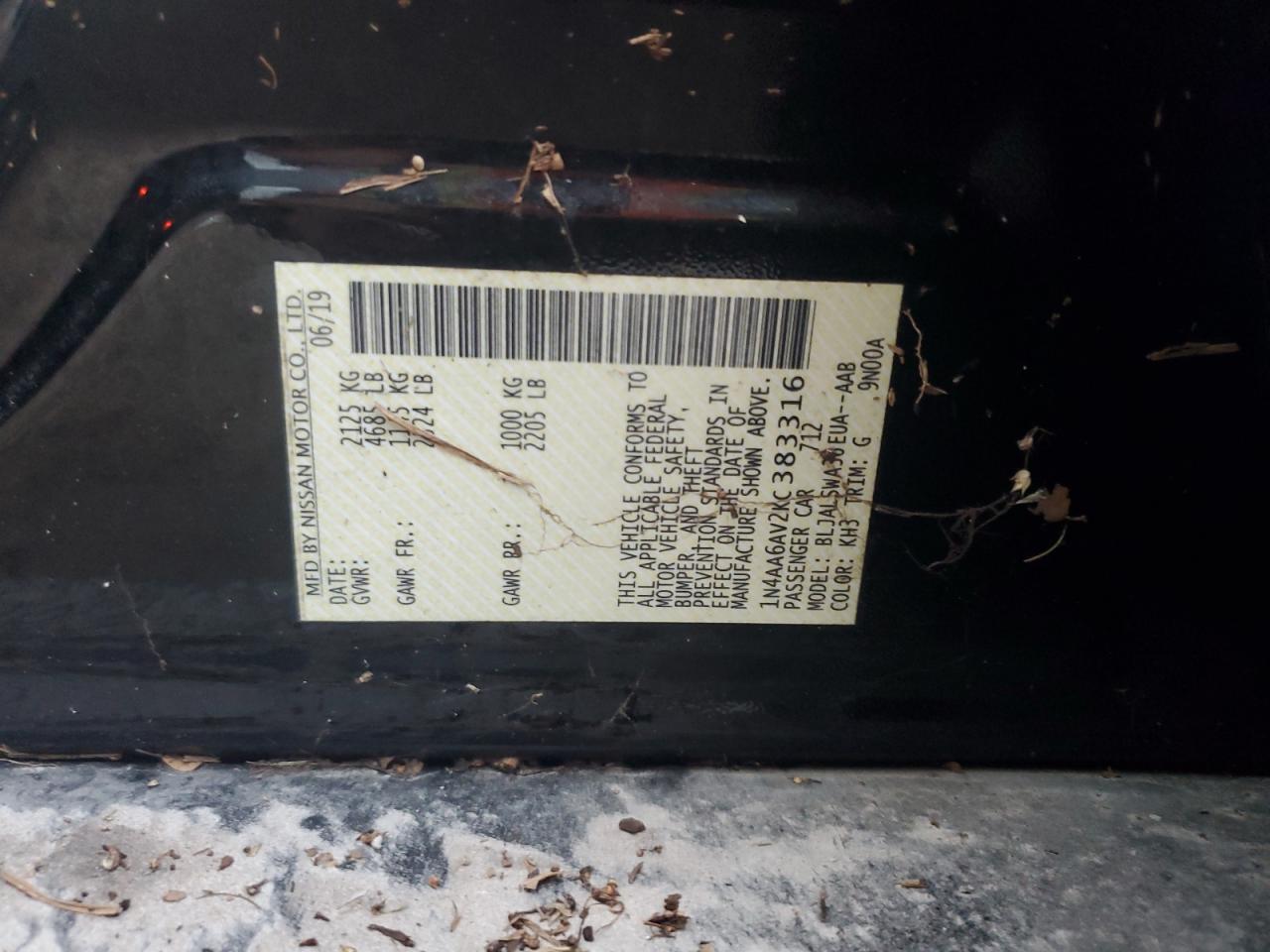 2019 Nissan Maxima VIN 1N4AA6AV2KC383316 Copart auction photo, water/flood damage thumbnail 13