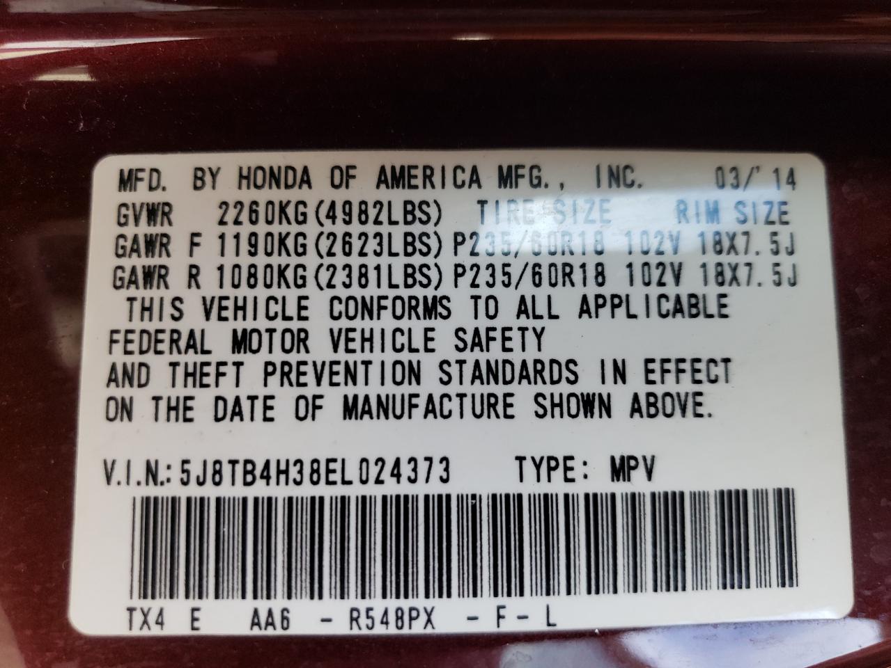 2014 Acura RDX VIN 5J8TB4H38EL024373 Copart auction photo, rear end / front end damage thumbnail 14