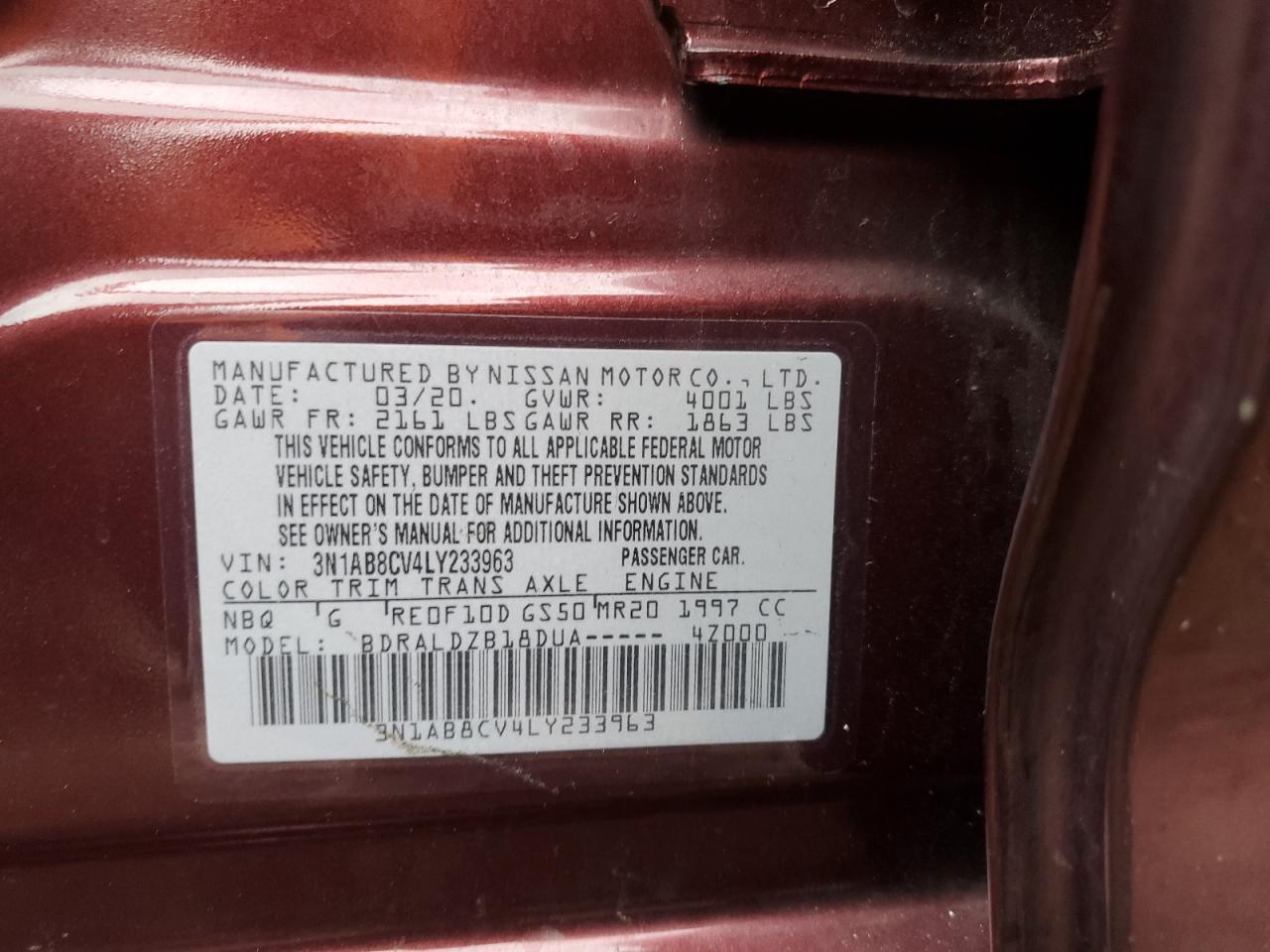 2020 Nissan Sentra VIN 3N1AB8CV4LY233963 Copart auction photo, side / rear end damage thumbnail 12