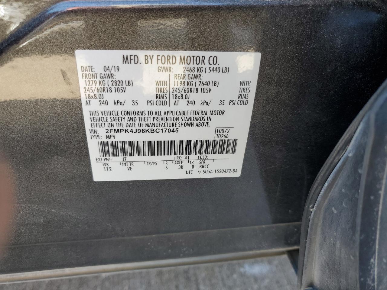 2019 Ford Edge VIN 2FMPK4J96KBC17045 Copart auction photo, front end / minor dent/scratches damage thumbnail 13