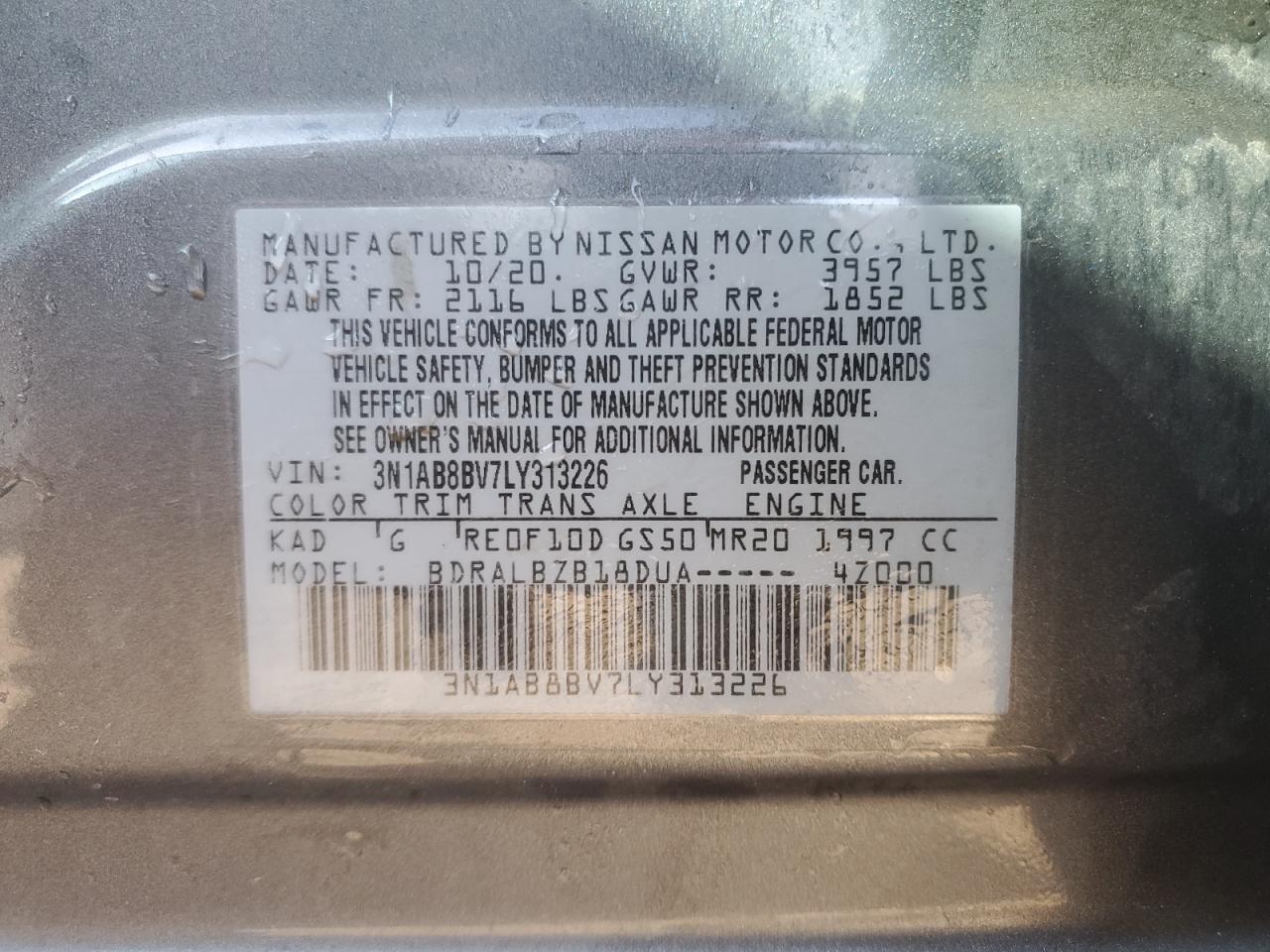 2020 Nissan Sentra VIN 3N1AB8BV7LY313226 Copart auction photo, front end / minor dent/scratches damage thumbnail 13