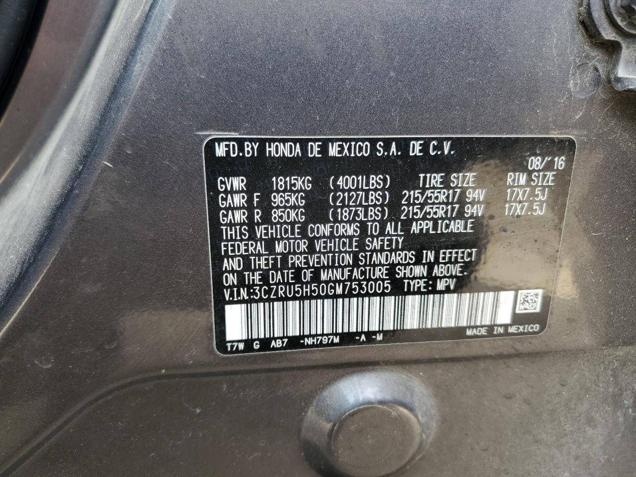 2016 Honda HR-V VIN 3CZRU5H50GM753005 Copart auction photo, front end damage thumbnail 14