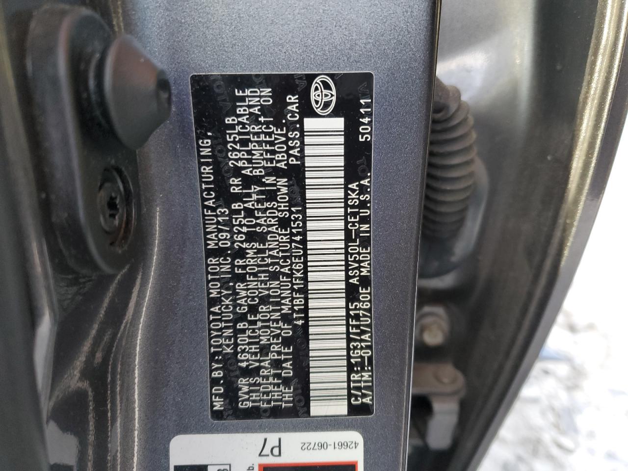 2014 Toyota Camry VIN 4T1BF1FK6EU741531 Copart auction photo, rear end / side damage thumbnail 14