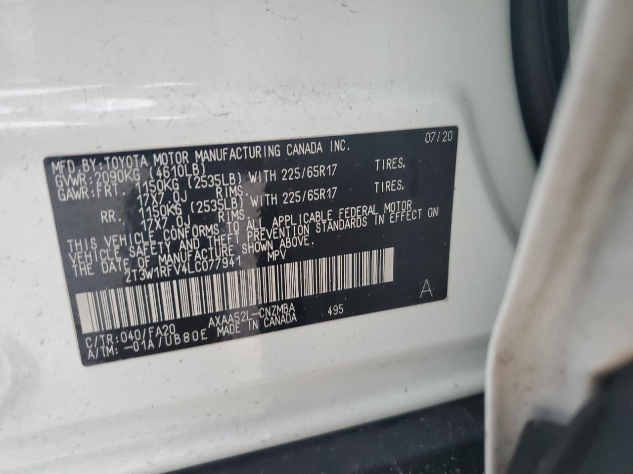 2020 Toyota RAV 4 VIN 2T3W1RFV4LC077941 Copart auction photo, water/flood damage thumbnail 13