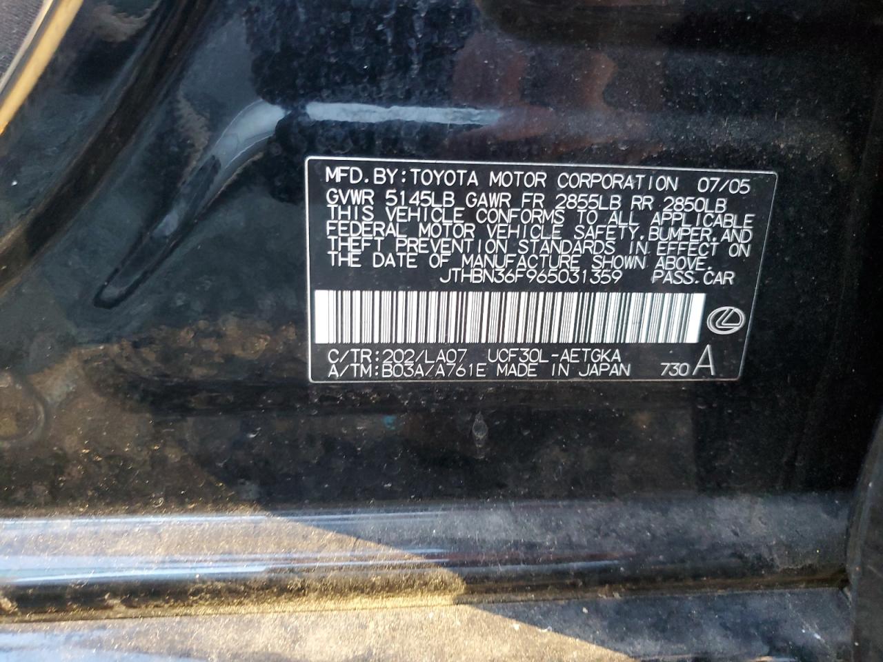 2006 Lexus LS VIN JTHBN36F965031359 Copart auction photo, rear end damage thumbnail 12