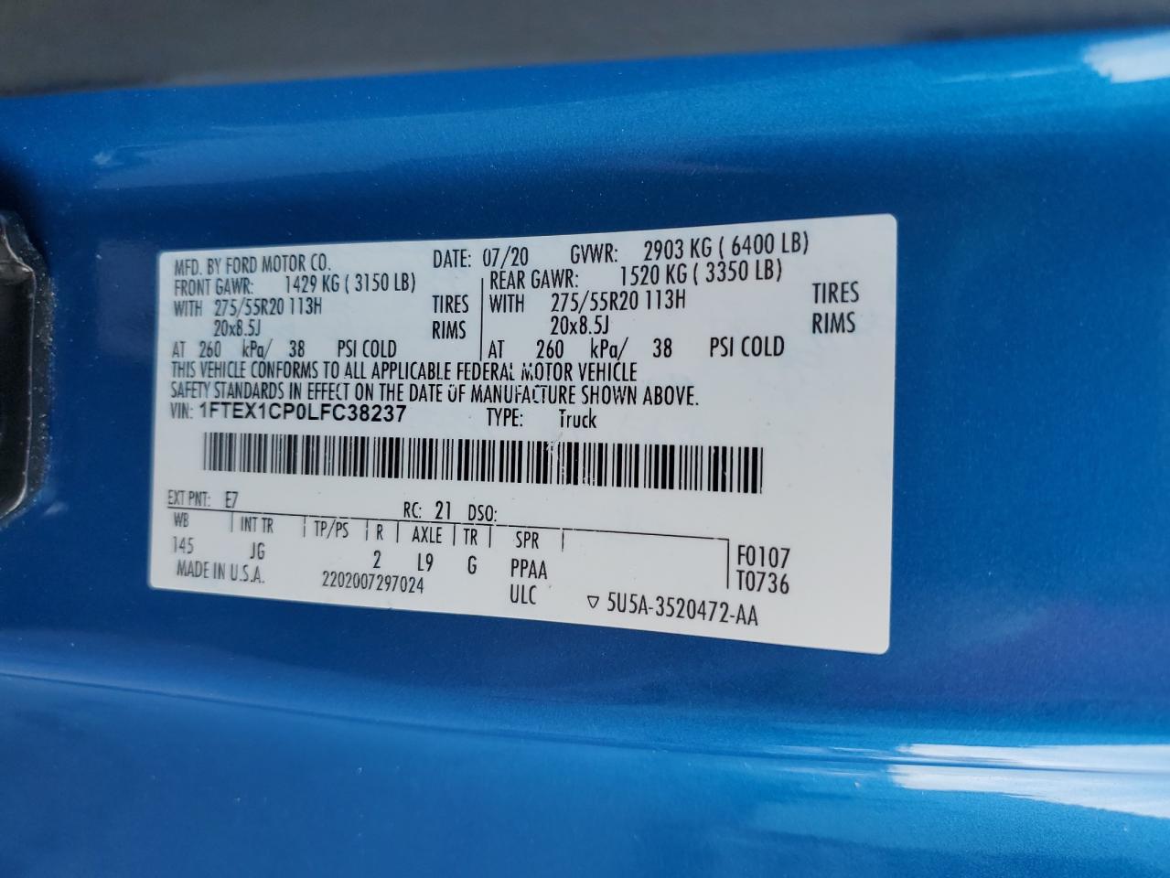 2020 Ford F-150 VIN 1FTEX1CP0LFC38237 Copart auction photo, rollover damage thumbnail 13