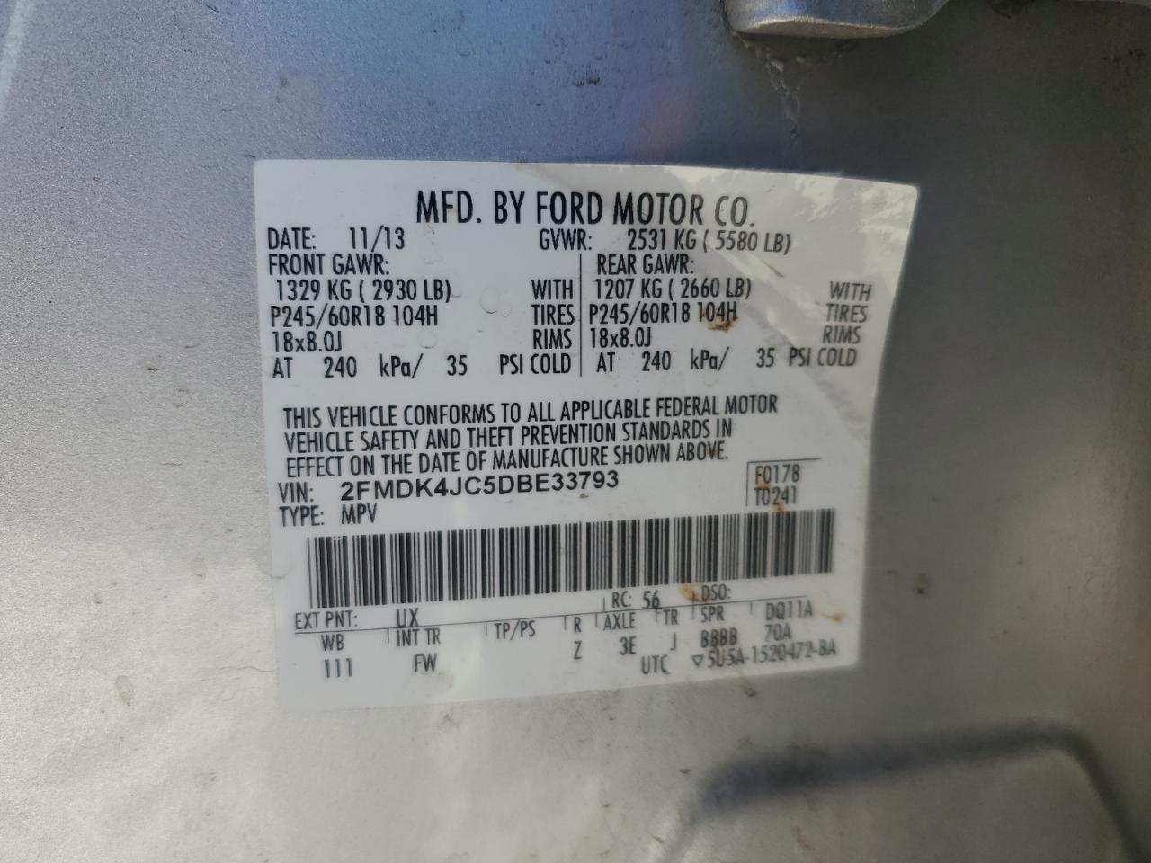 2013 Ford Edge VIN 2FMDK4JC5DBE33793 Copart auction photo, rear end damage thumbnail 13
