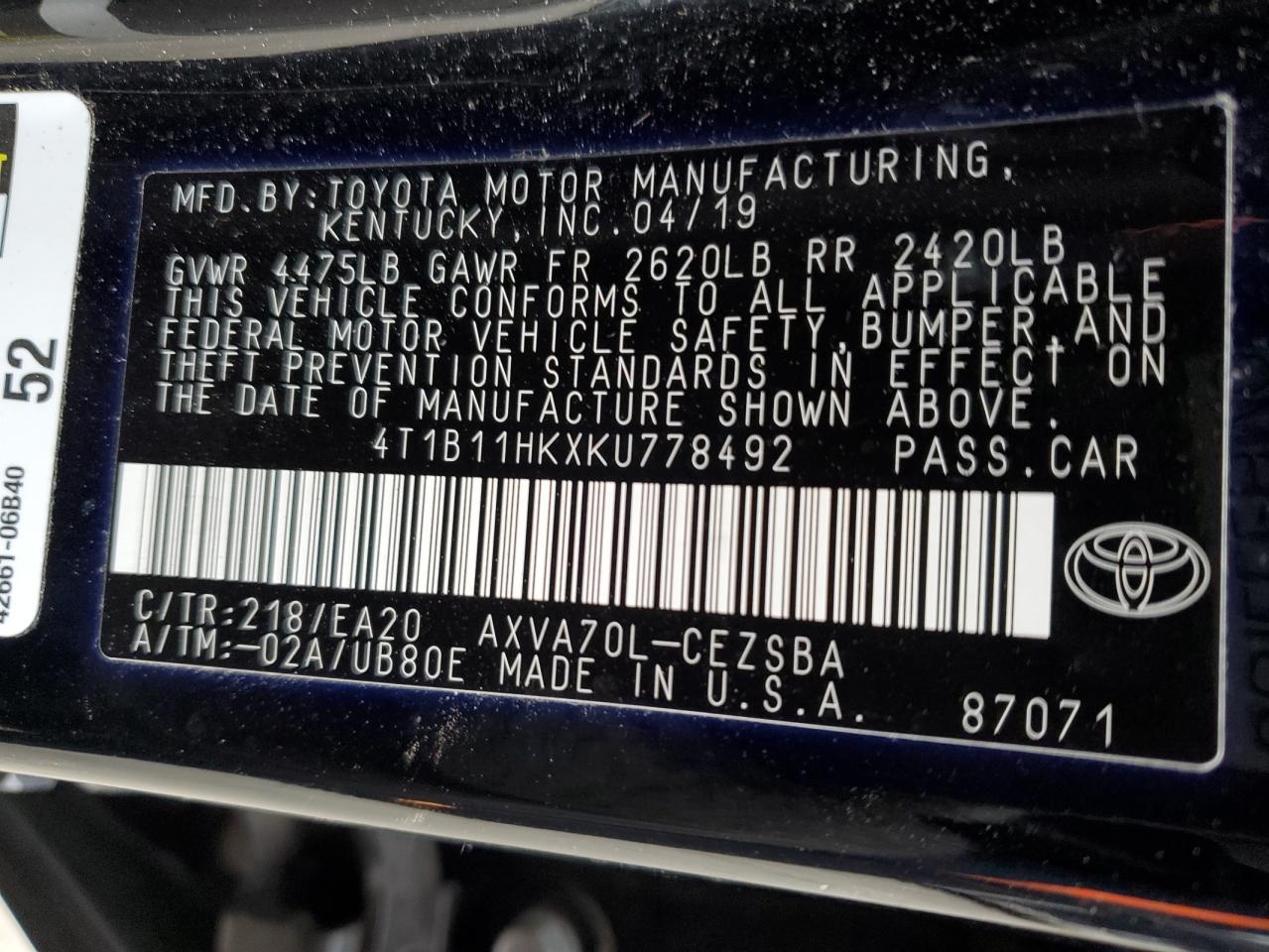 2019 Toyota Camry VIN 4T1B11HKXKU778492 Copart auction photo, front end damage thumbnail 12