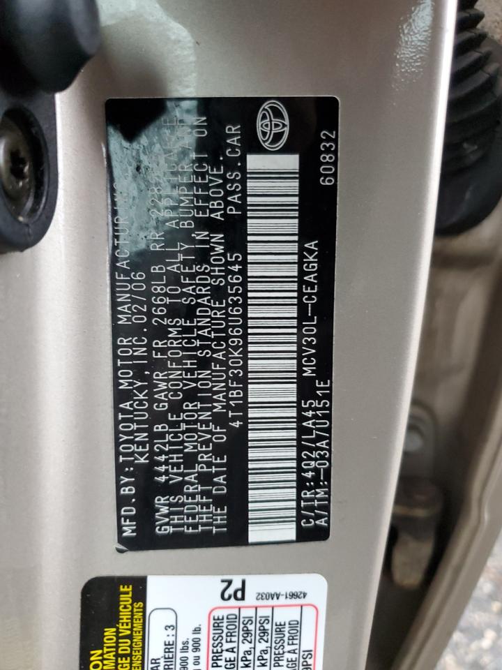 2006 Toyota Camry VIN 4T1BF30K96U635645 Copart auction photo, front end damage thumbnail 12