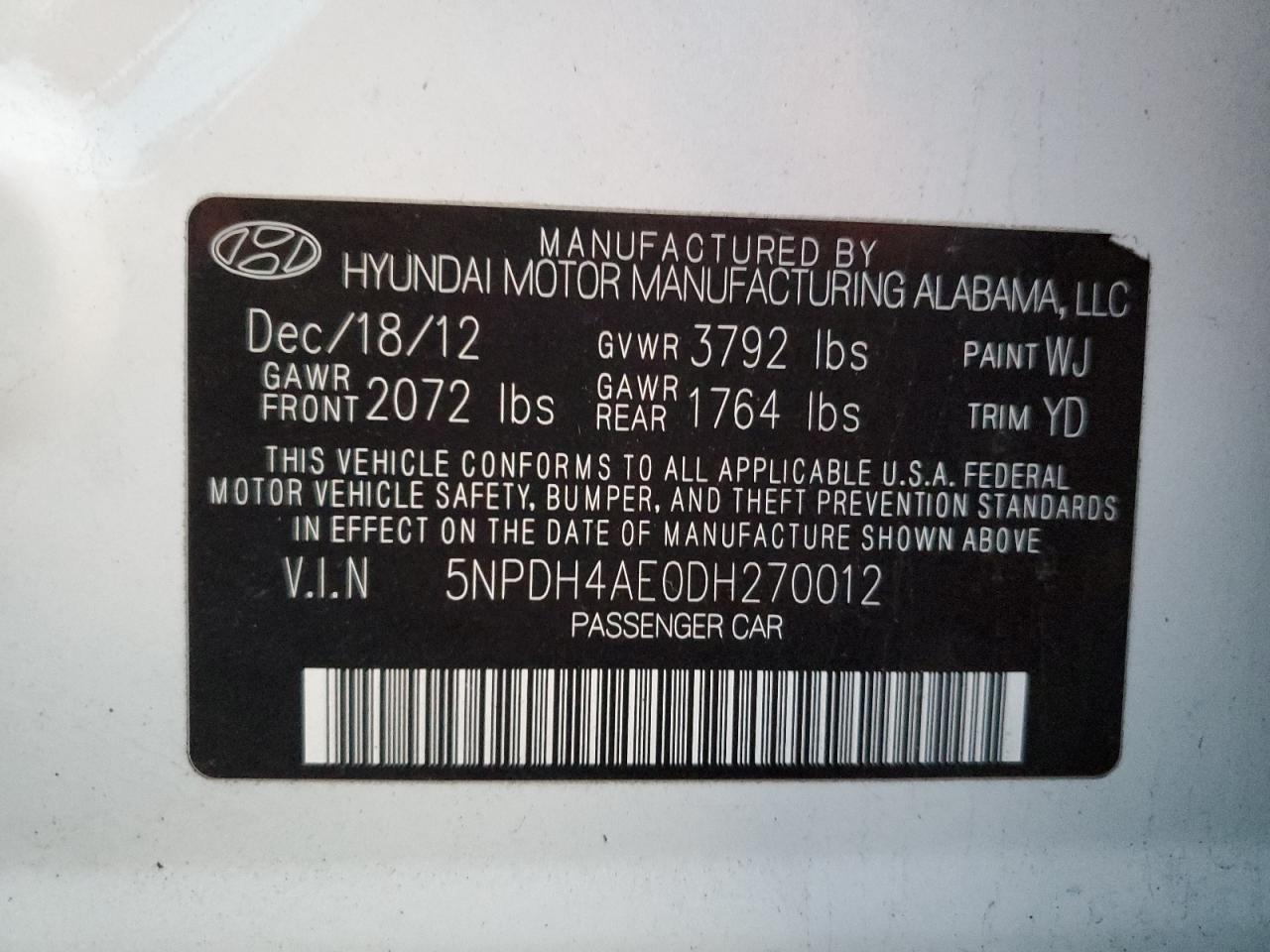 2013 Hyundai Elantra VIN 5NPDH4AE0DH270012 Copart auction photo, minor dent/scratches damage thumbnail 12