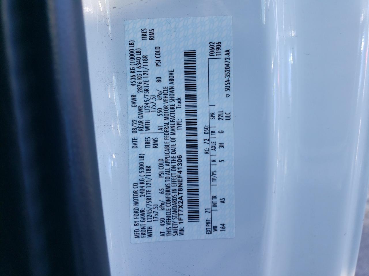 2022 Ford F250 VIN 1FT7X2AT8NEF41306 Copart auction photo, front end damage thumbnail 13