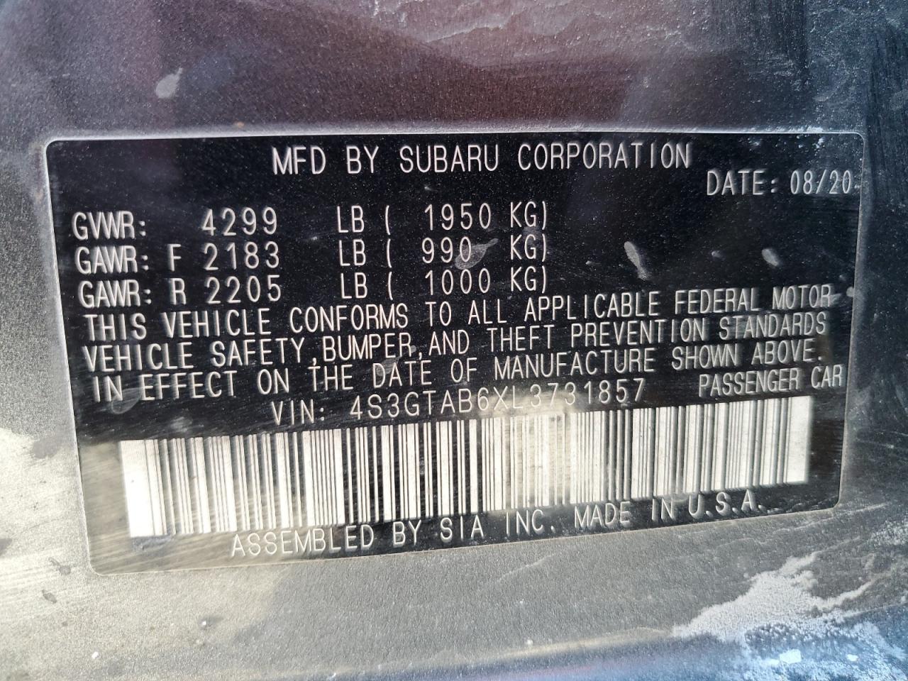 2020 Subaru Impreza VIN 4S3GTAB6XL3731857 Copart auction photo, front end / rear end damage thumbnail 13
