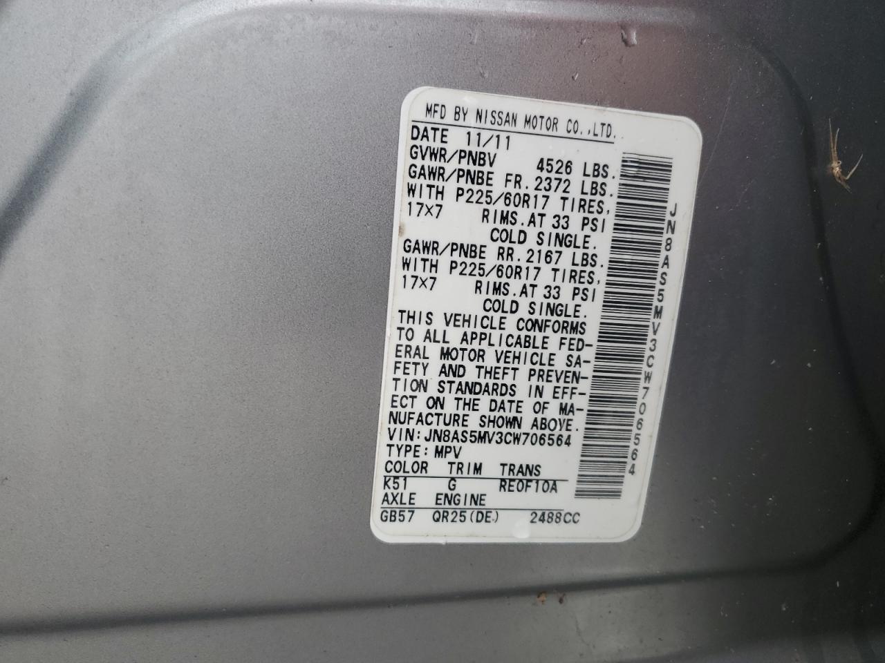 2012 Nissan Rogue VIN JN8AS5MV3CW706564 Copart auction photo, front end damage thumbnail 14