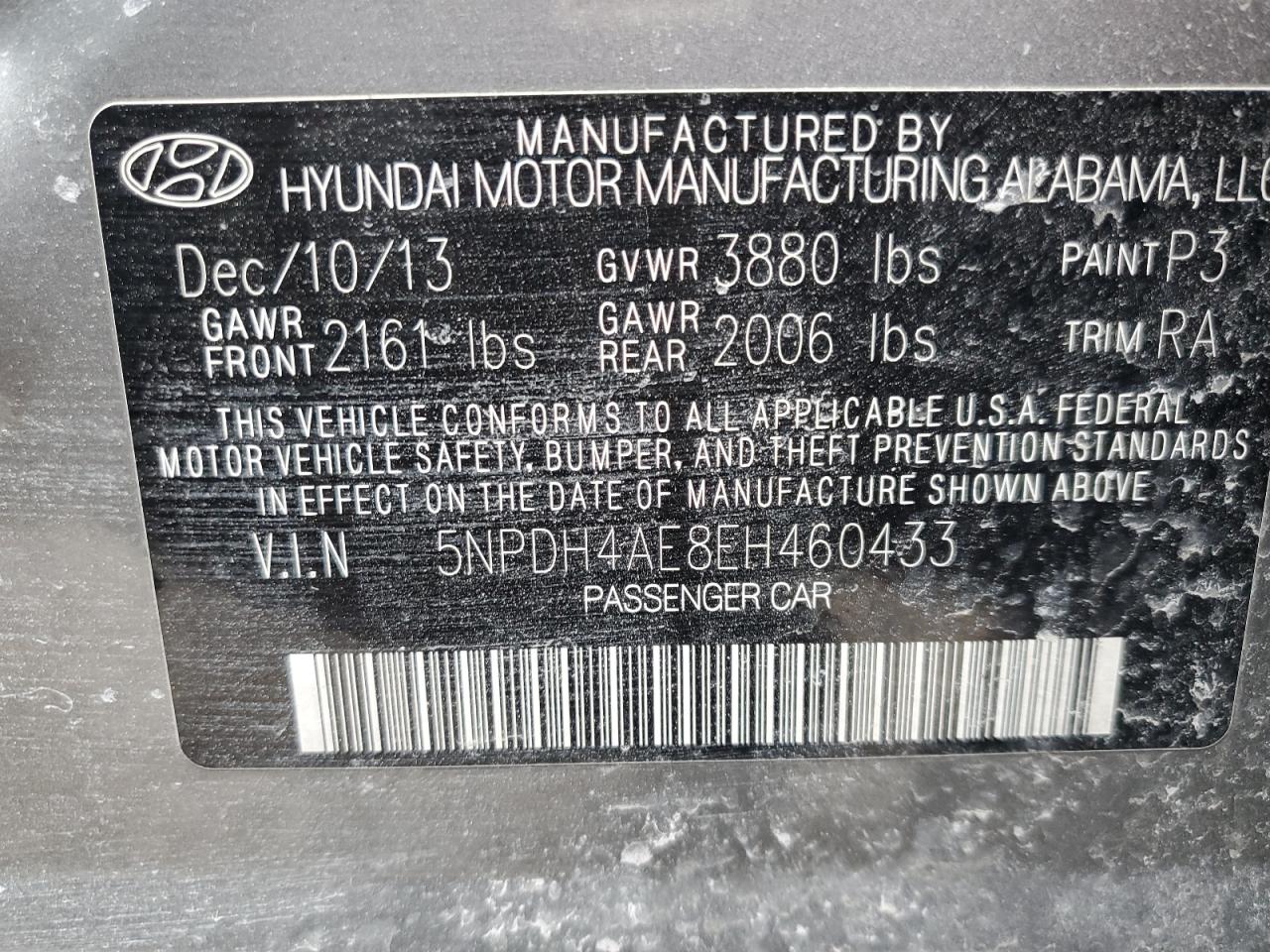 2014 Hyundai Elantra VIN 5NPDH4AE8EH460433 Copart auction photo, front end damage thumbnail 12