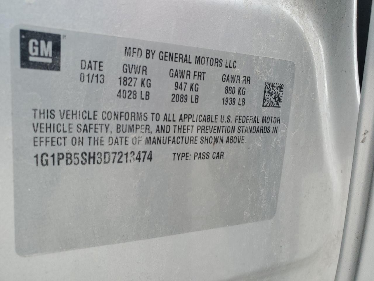 2013 Chevrolet Cruze VIN 1G1PB5SH3D7213474 Copart auction photo, hail damage thumbnail 12