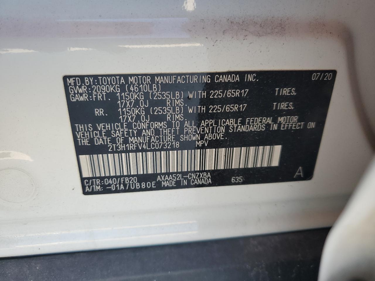 2020 Toyota RAV 4 VIN 2T3H1RFV4LC073218 Copart auction photo, all over damage thumbnail 14