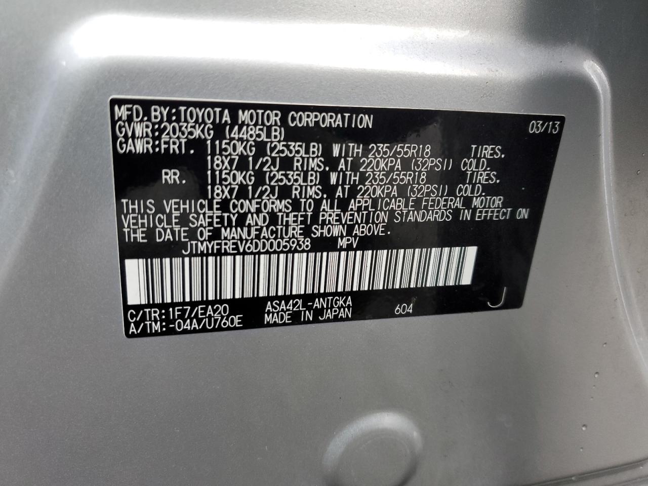 2013 Toyota RAV 4 VIN JTMYFREV6DD005938 Copart auction photo, front end / side damage thumbnail 13