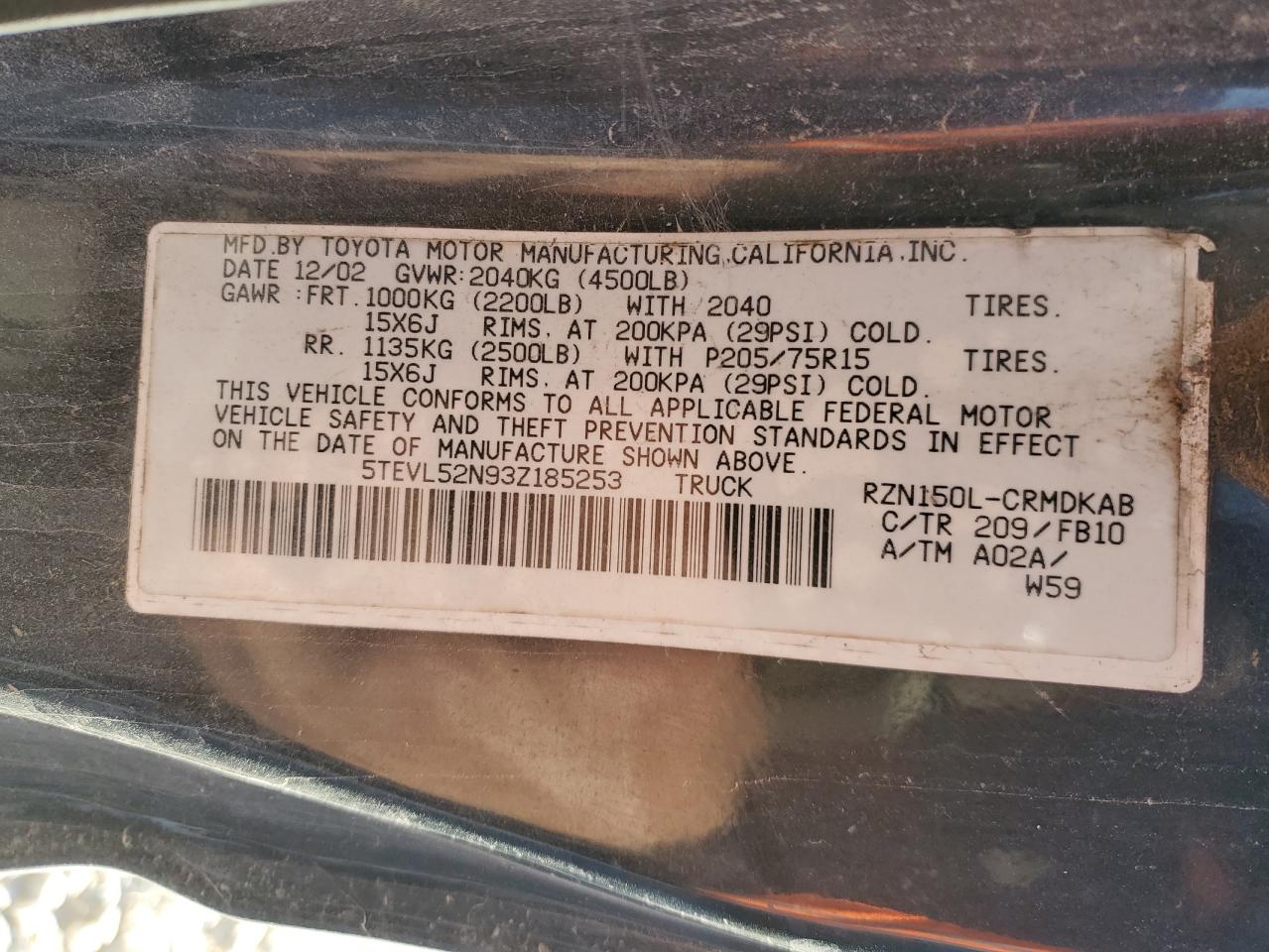 2003 Toyota Tacoma VIN 5TEVL52N93Z185253 Copart auction photo, all over damage thumbnail 12