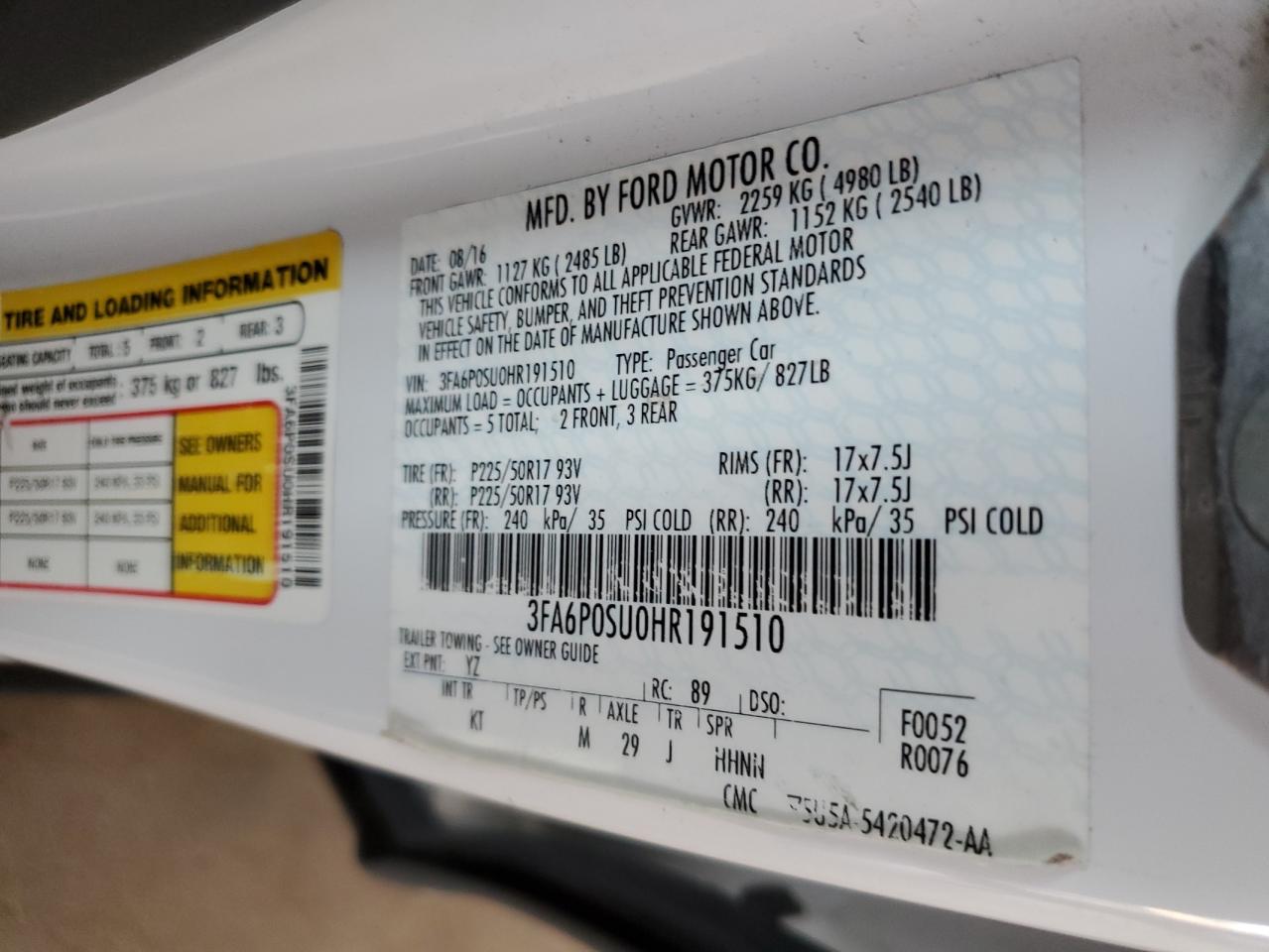 2017 Ford Fusion VIN 3FA6P0SU0HR191510 Copart auction photo, rear end damage thumbnail 12