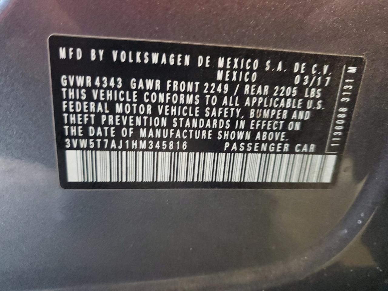 2017 Volkswagen Jetta VIN 3VW5T7AJ1HM345816 Copart auction photo, side damage thumbnail 12