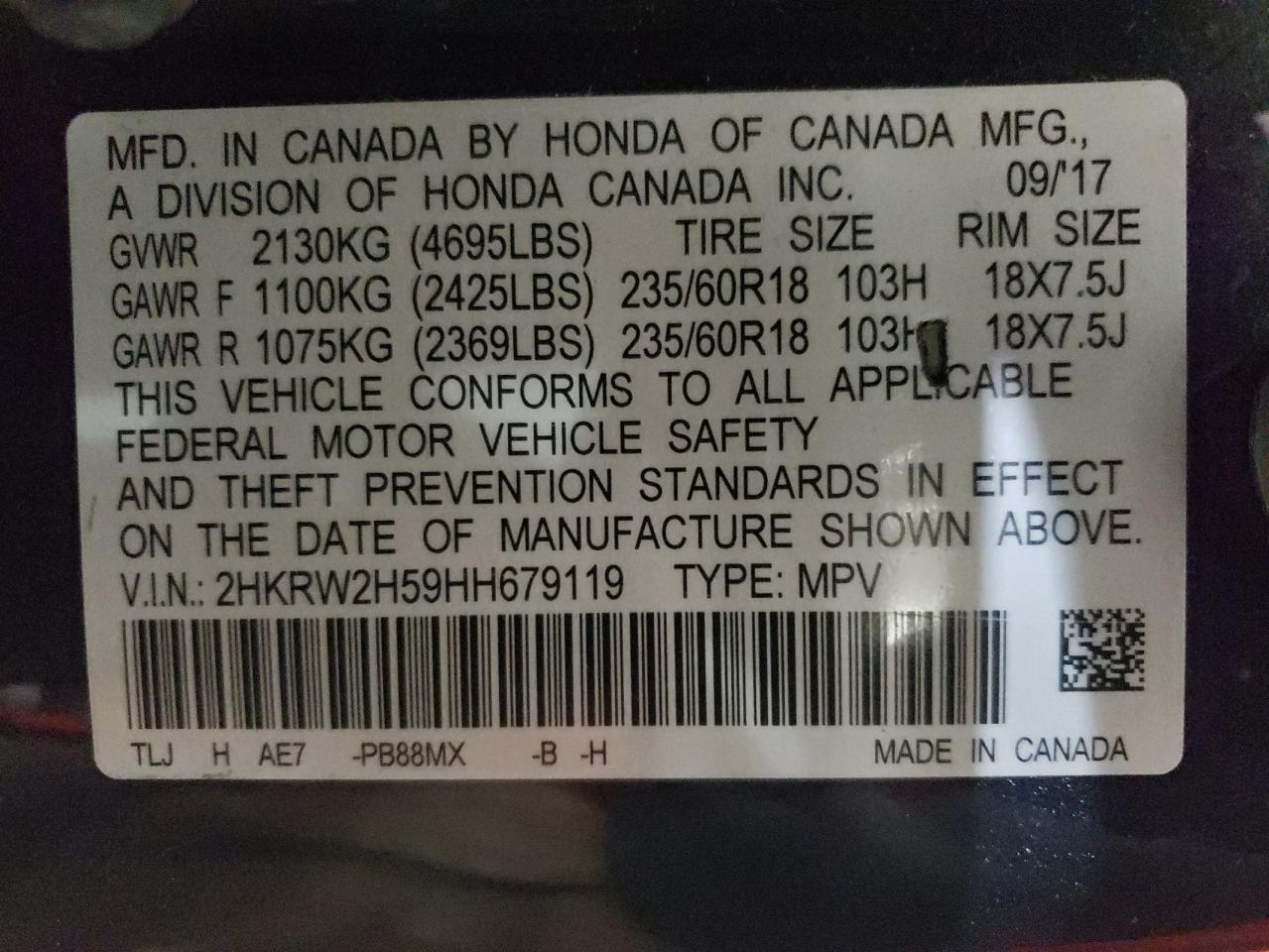 2017 Honda CR-V VIN 2HKRW2H59HH679119 Copart auction photo, all over damage thumbnail 14
