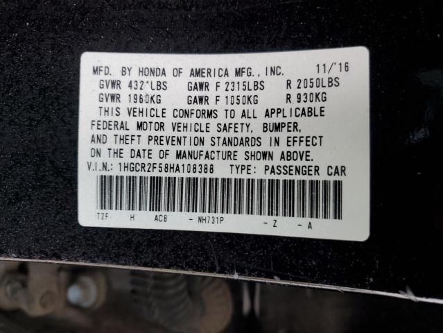 2017 Honda Accord VIN 1HGCR2F58HA108388 Copart auction photo, front end / side damage thumbnail 13