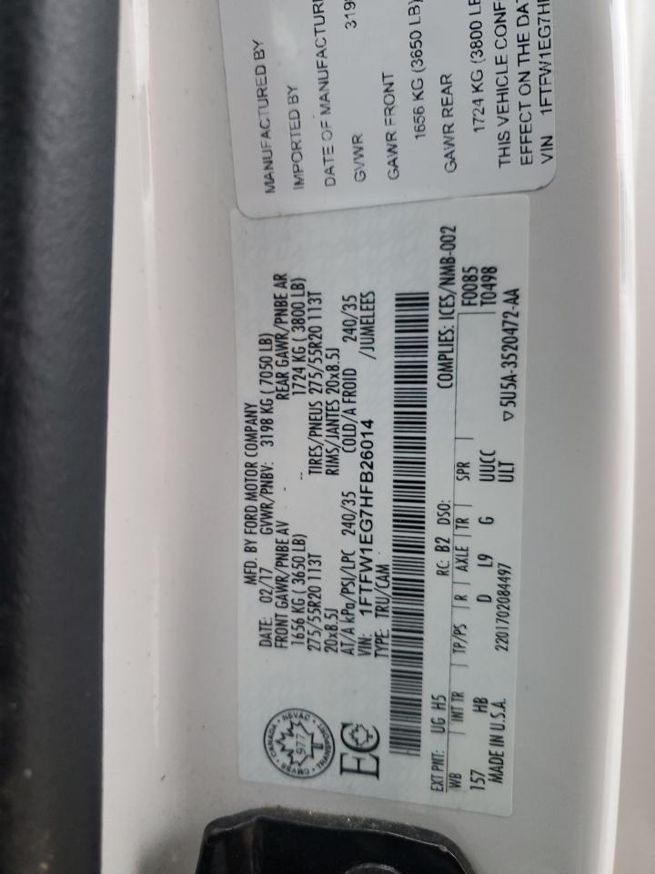 2017 Ford F-150 VIN 1FTFW1EG7HFB26014 Copart auction photo, front end damage thumbnail 12