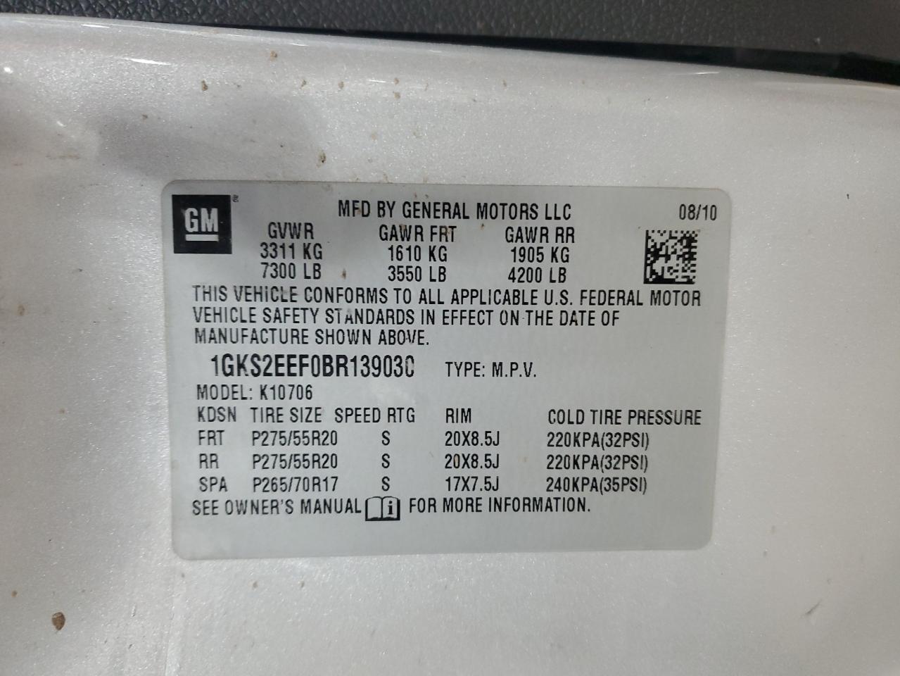 2011 GMC Yukon VIN 1GKS2EEF0BR139030 Copart auction photo, rear end / front end damage thumbnail 13