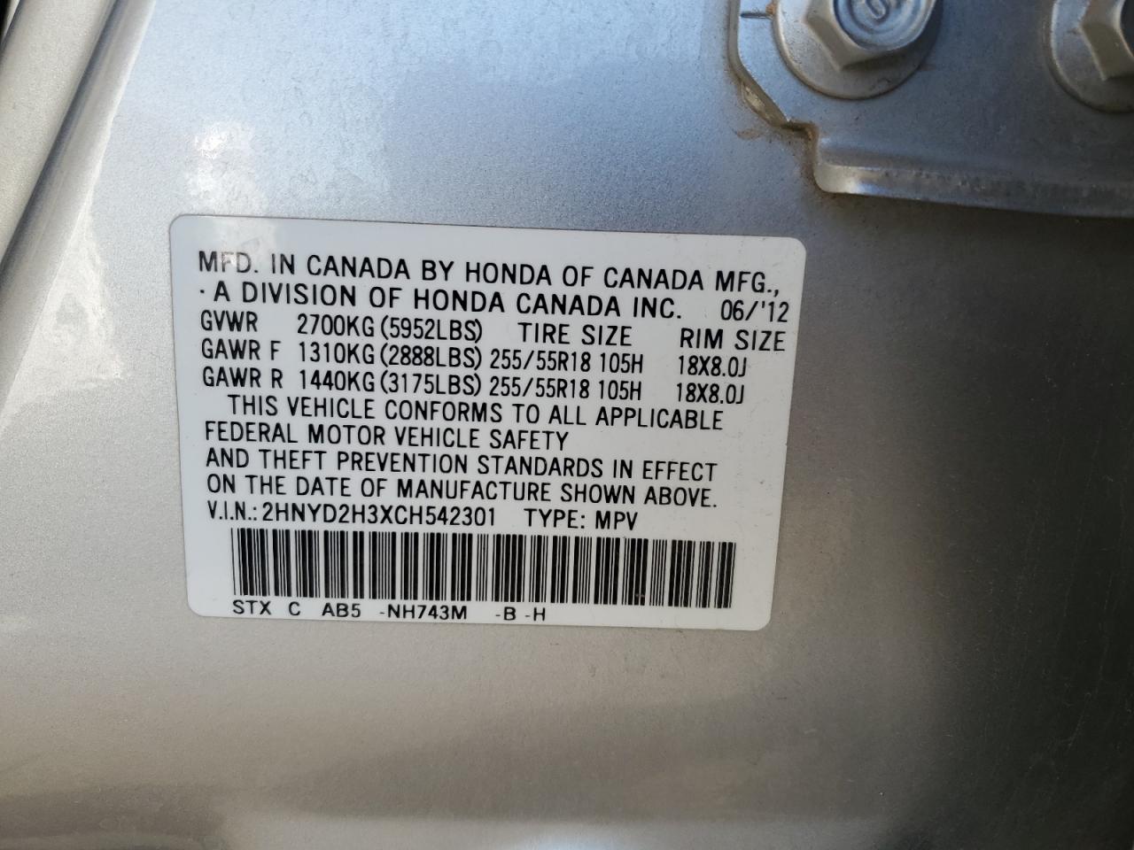 2012 Acura MDX VIN 2HNYD2H3XCH542301 Copart auction photo, front end damage thumbnail 13