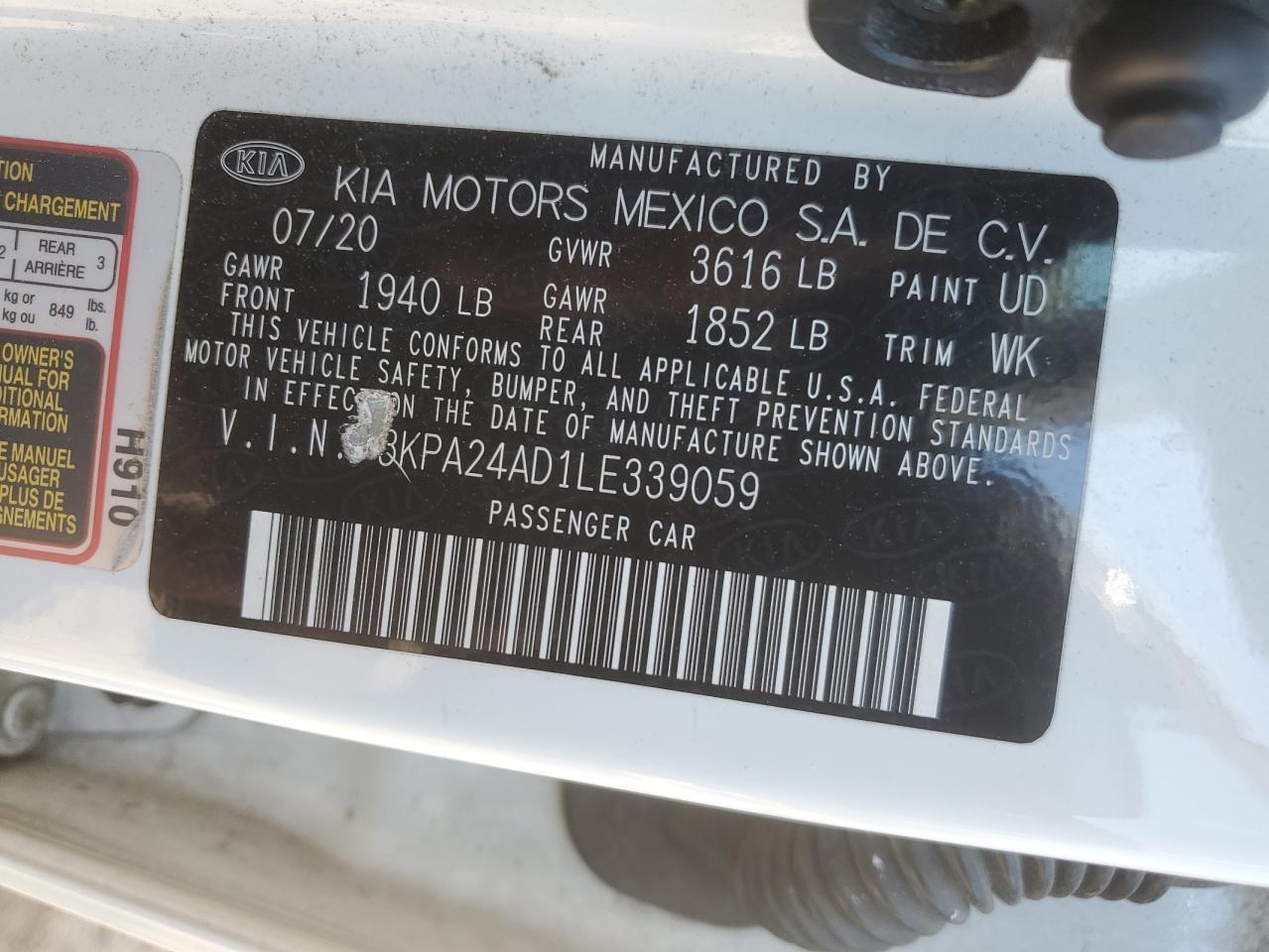 2020 KIA Rio VIN 3KPA24AD1LE339059 Copart auction photo, front end / side damage thumbnail 13