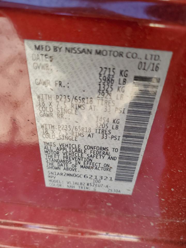 2016 Nissan Pathfinder VIN 5N1AR2MN0GC621321 Copart auction photo, all over / minor dent/scratches damage thumbnail 13