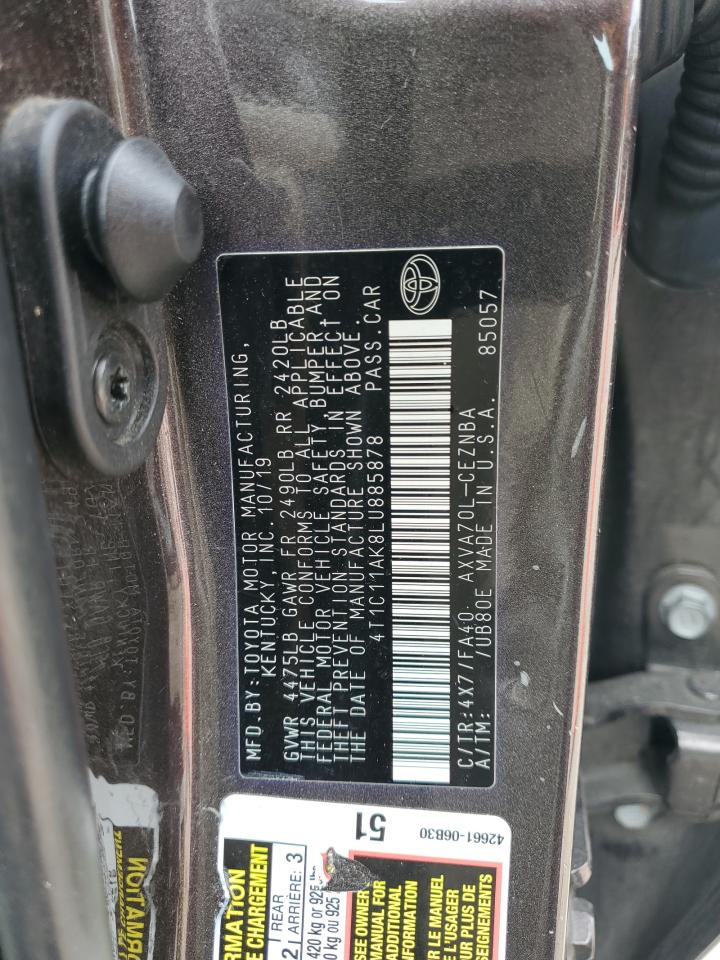 2020 Toyota Camry VIN 4T1C11AK8LU885878 Copart auction photo, rear end damage thumbnail 12
