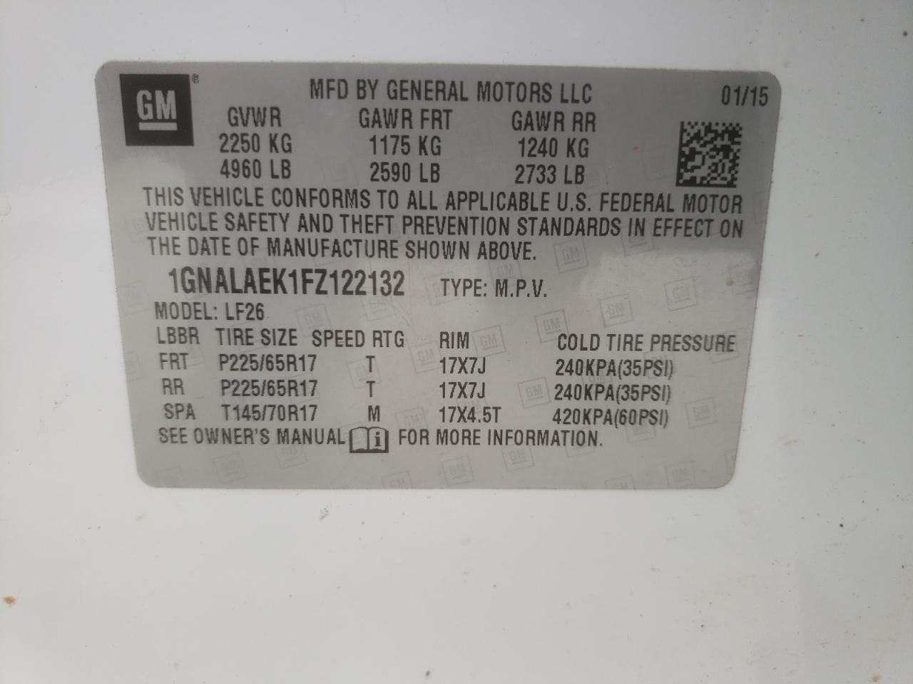 2015 Chevrolet Equinox VIN 1GNALAEK1FZ122132 Copart auction photo, vandalism damage thumbnail 13