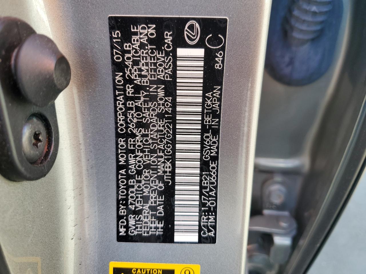 2016 Lexus ES VIN JTHBK1GG7G2211494 Copart auction photo, rear end damage thumbnail 12