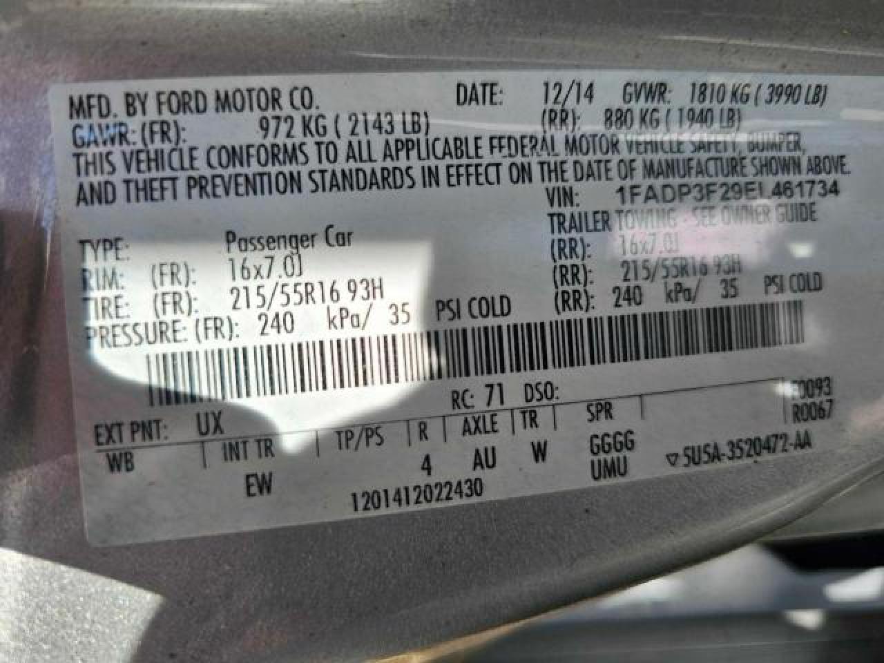 2014 Ford Focus VIN 1FADP3F29EL461734 Copart auction photo, normal wear / minor dent/scratches damage thumbnail 10
