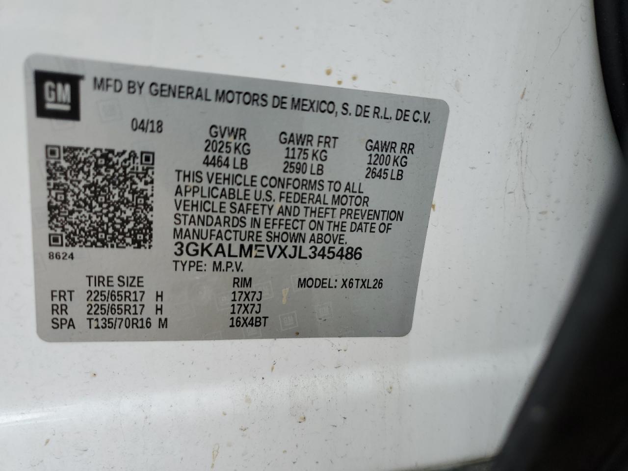 2018 GMC Terrain VIN 3GKALMEVXJL345486 Copart auction photo, front end / rear end damage thumbnail 13