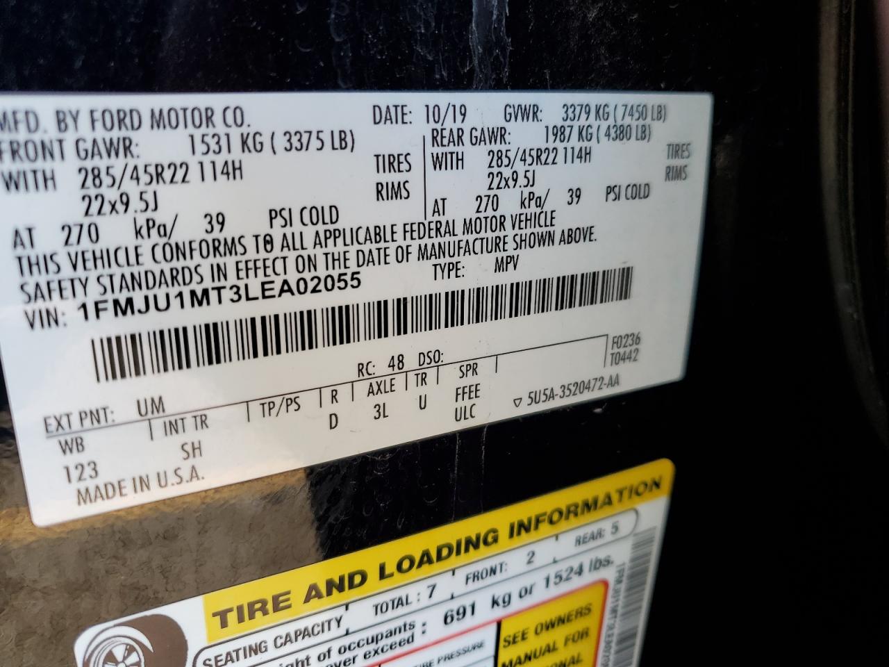 2020 Ford Expedition VIN 1FMJU1MT3LEA02055 Copart auction photo, front end damage thumbnail 13