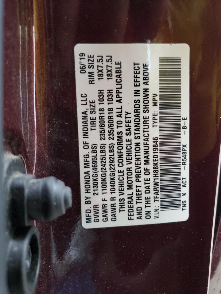 2019 Honda CR-V VIN 7FARW1H88KE019846 Copart auction photo, rear end / side damage thumbnail 13