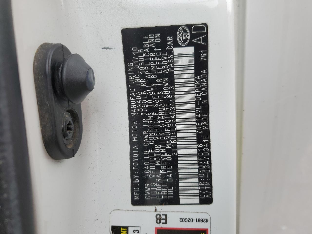 2010 Toyota Corolla VIN 2T1BU4EE6AC344593 Copart auction photo, front end / side damage thumbnail 12
