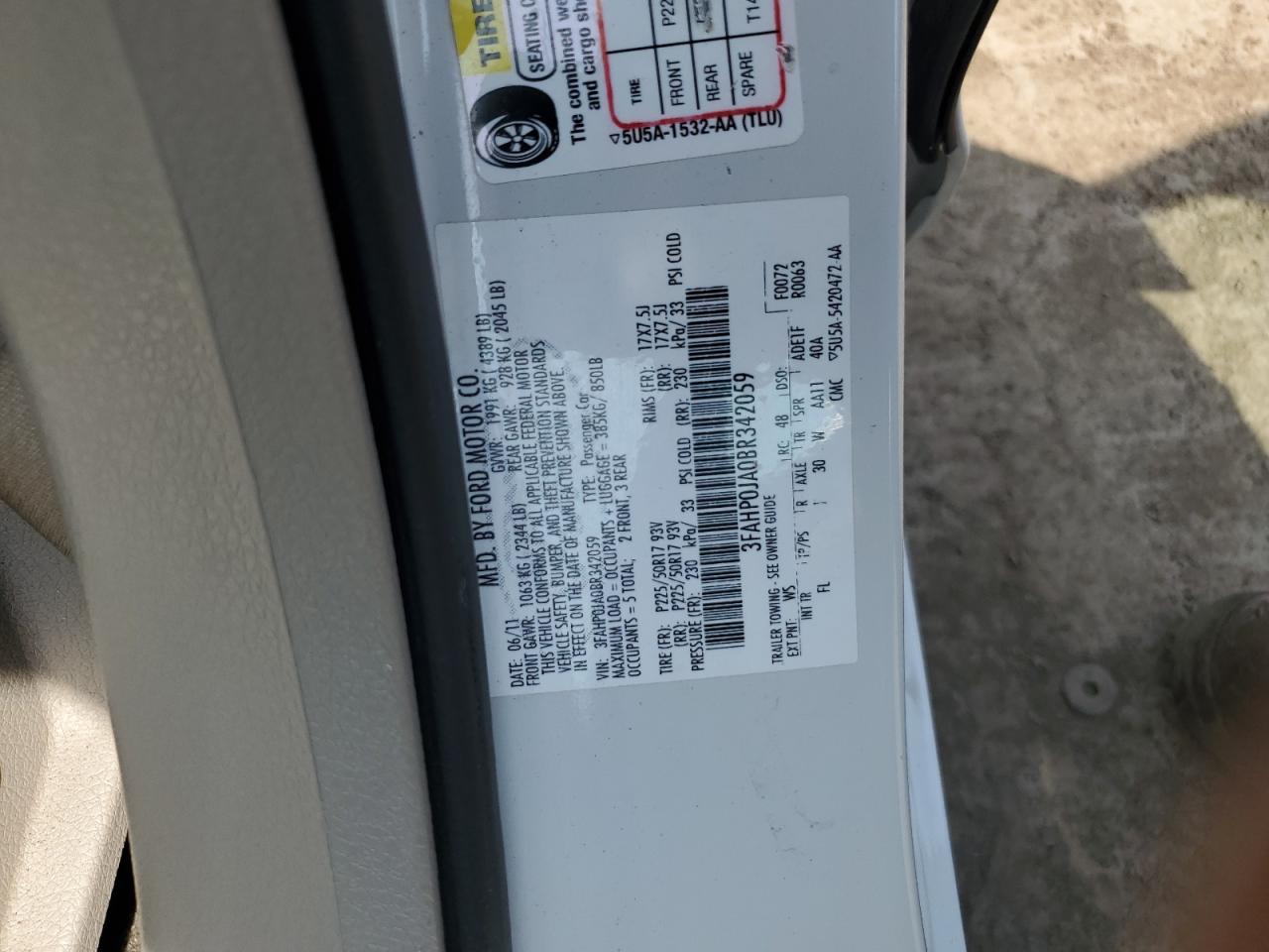 2011 Ford Fusion VIN 3FAHP0JA0BR342059 Copart auction photo, rear end damage thumbnail 12
