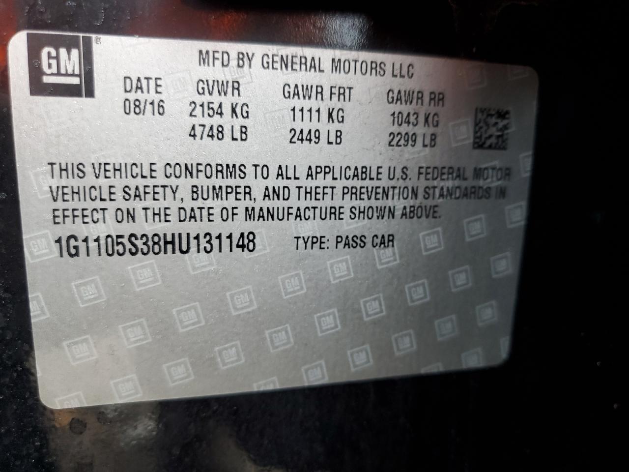 2017 Chevrolet Impala VIN 1G1105S38HU131148 Copart auction photo, front end / minor dent/scratches damage thumbnail 12