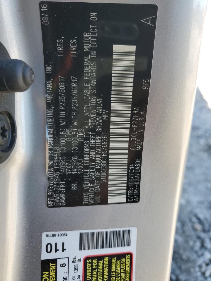 2017 Toyota Sienna VIN 5TDKZ3DC1HS768261 Copart auction photo, front end damage thumbnail 13