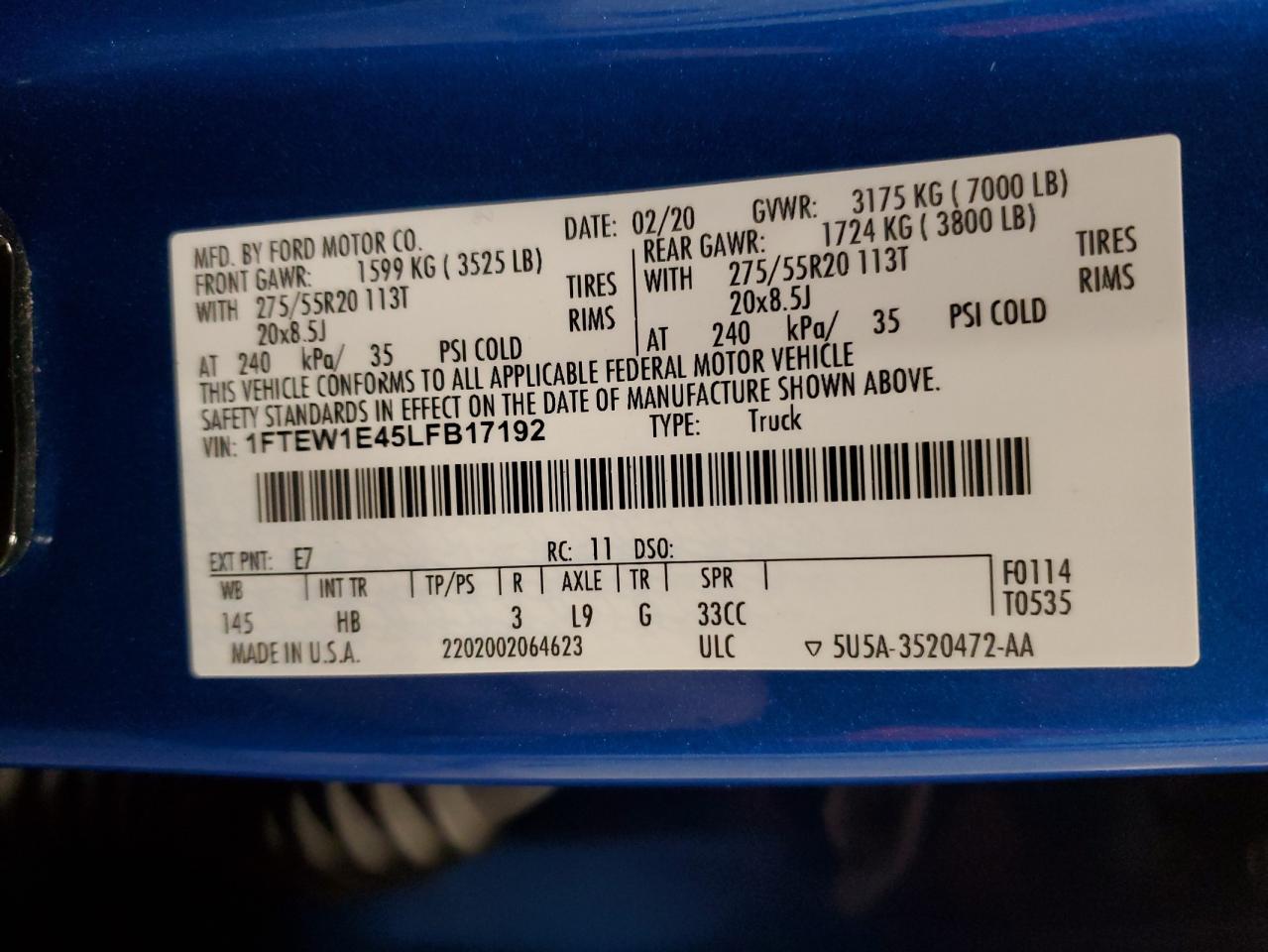 2020 Ford F-150 VIN 1FTEW1E45LFB17192 Copart auction photo, front end damage thumbnail 15