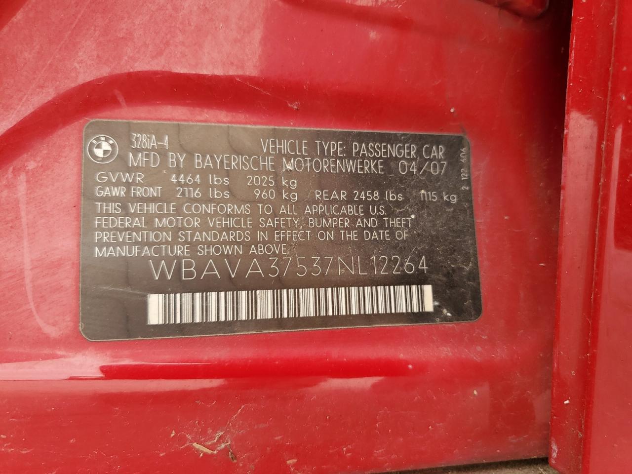 2007 BMW 3er VIN WBAVA37537NL12264 Copart auction photo, side / front end damage thumbnail 14