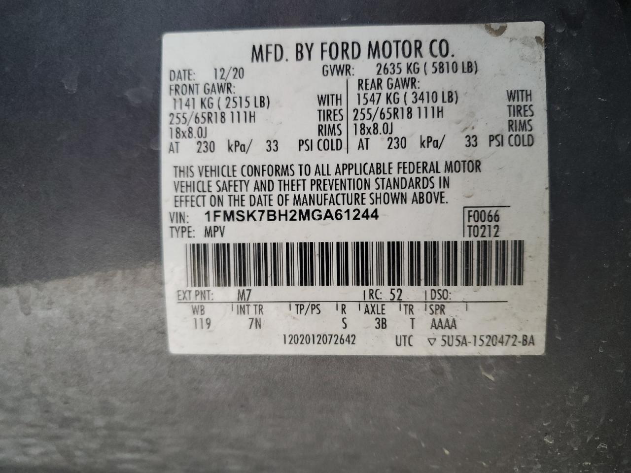 2021 Ford Explorer VIN 1FMSK7BH2MGA61244 Copart auction photo, front end damage thumbnail 13
