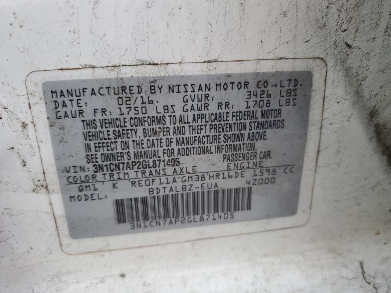 2016 Nissan Versa VIN 3N1CN7AP2GL871405 Copart auction photo, rollover damage thumbnail 12