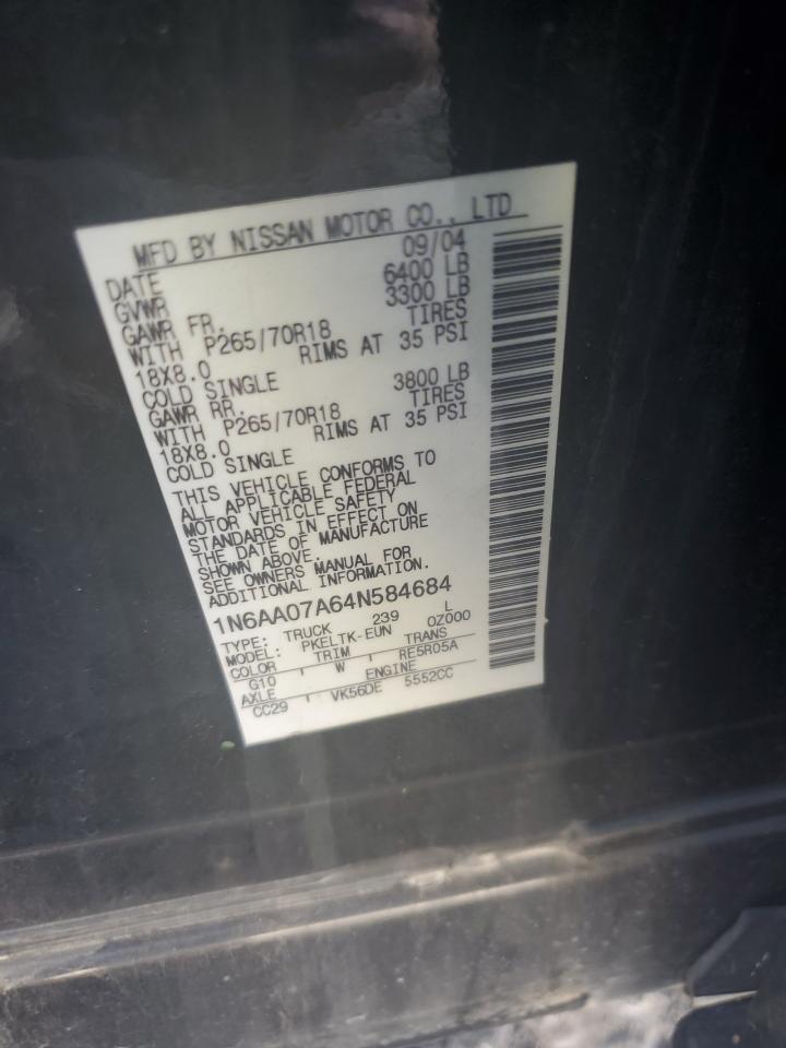 2004 Nissan Titan VIN 1N6AA07A64N584684 Copart auction photo, minor dent/scratches damage thumbnail 12