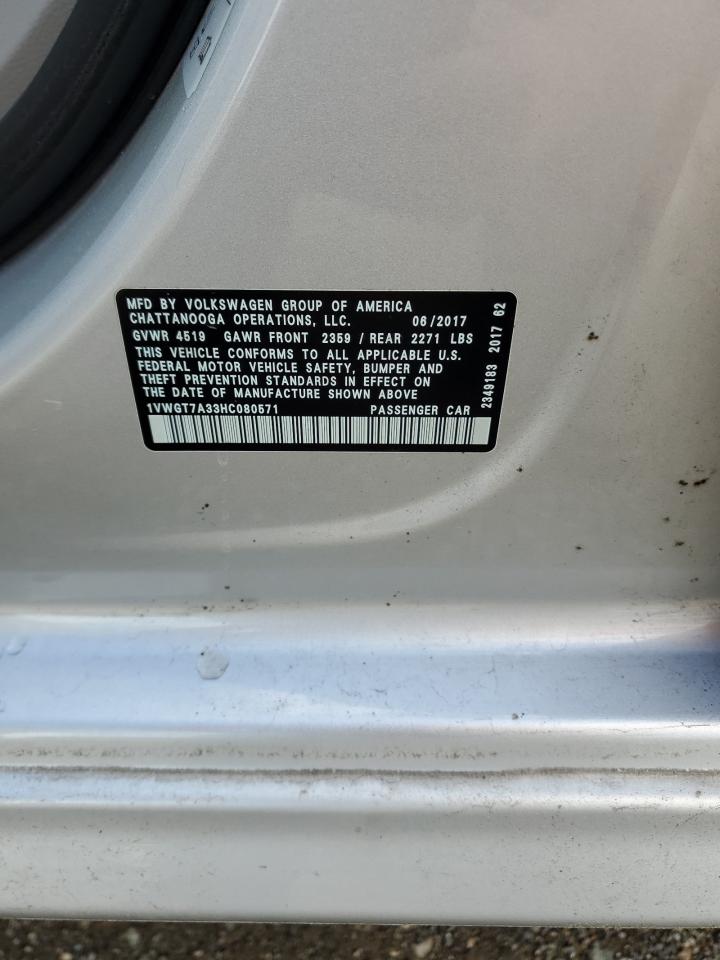 2017 Volkswagen Passat VIN 1VWGT7A33HC080571 Copart auction photo, front end damage thumbnail 12